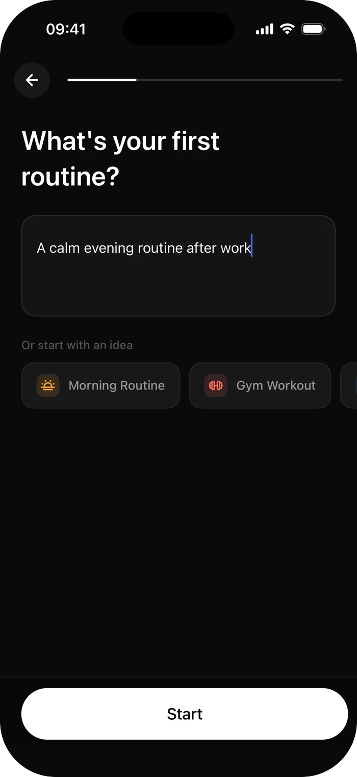 A text field asking what your first routine should be, with example starting points