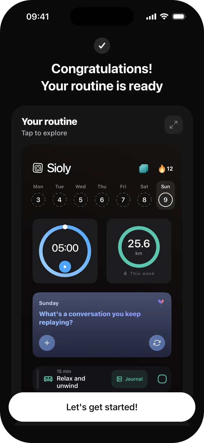 The finished routine, with times, streak ring and the first tasks of the day